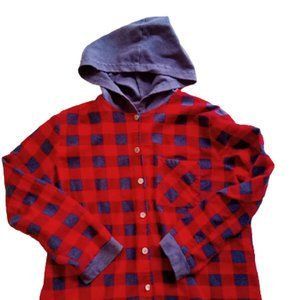 Red Black Hooded Flannel Plaid Shirt  Medium